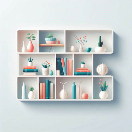 White bookshelf with books and decorations. 3d illustration.