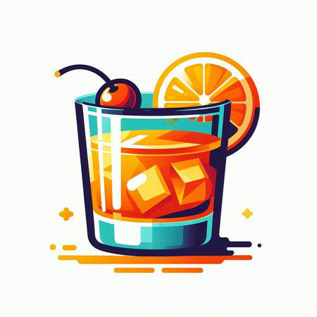 Cocktail with ice, orange and cherry. Vector illustration.のイラスト素材