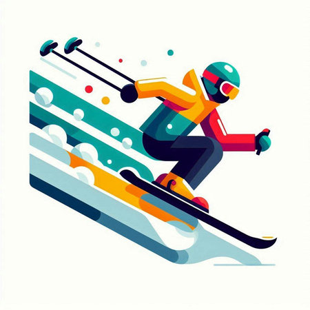 Skiing and snowboarding vector illustration. Man skiing on a ski slope.のイラスト素材
