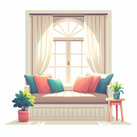 Illustration of a living room with a window and a sofa.のイラスト素材