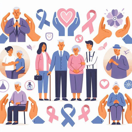 Breast Cancer Awareness Month. Group of people with different symptoms. Vector illustrationのイラスト素材