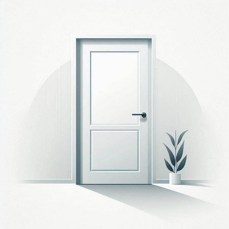 Vector illustration of white door with shadow and plant on the wall.のイラスト素材