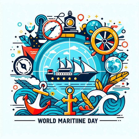 World Maritime Day banner with anchor, steering wheel and ship. Vector illustrationのイラスト素材