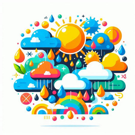 Rainy season concept. Vector illustration in flat cartoon style with clouds, raindrops, sun and rainbowのイラスト素材