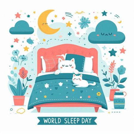 World sleep day poster with cute cat sleeping on the bed. Vector illustration.のイラスト素材
