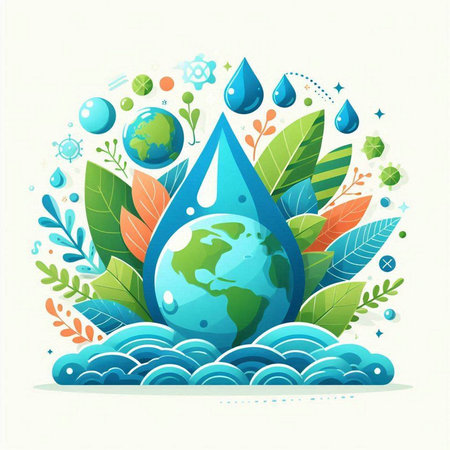 Save water concept. Vector illustration of water drop with world globe and leaves.のイラスト素材