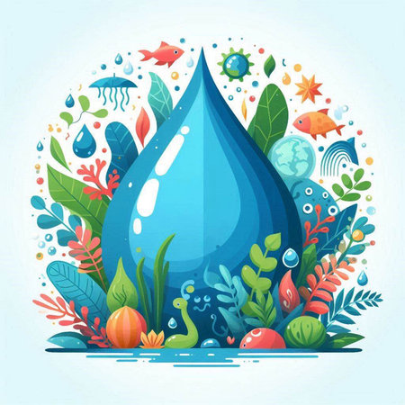Water drop with plants and animals. Vector illustration in cartoon style.のイラスト素材