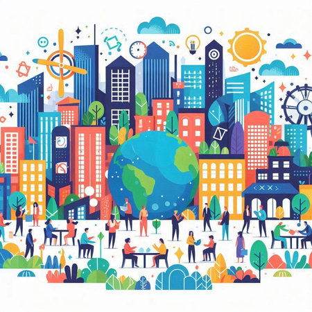 Vector illustration of modern city with people and globe on white background.のイラスト素材