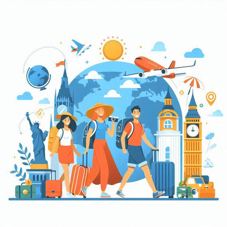 Travel around the world. Vector illustration in flat cartoon style. Tourists with luggage, suitcase, airplane, sun, clouds, globe.のイラスト素材