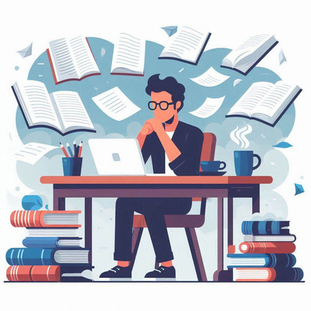 Tired man sitting at his desk in front of a laptop and reading books. Vector illustrationのイラスト素材