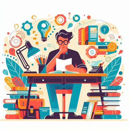 Vector illustration of a student sitting at the desk with books and reading a bookのイラスト素材