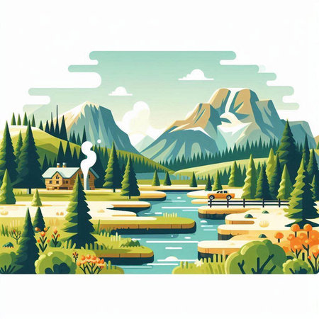 Beautiful landscape with lake, mountains and forest. Vector illustration.のイラスト素材