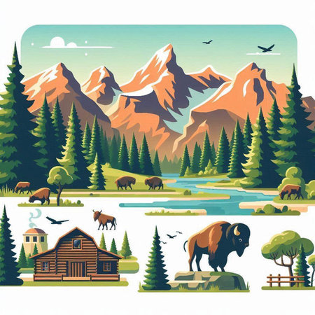 Vector illustration of mountain landscape with forest, river, house, animals and mountains.のイラスト素材