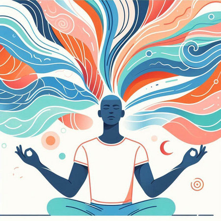 Vector illustration of a man meditating in lotus pose. Yoga concept.のイラスト素材