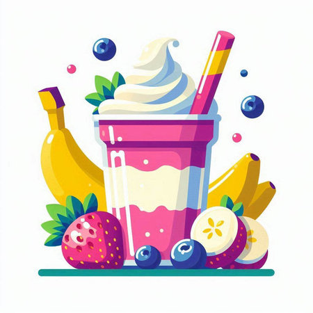 Fruit smoothie in a plastic cup with whipped cream, banana, strawberry, blueberry. Vector illustrationのイラスト素材