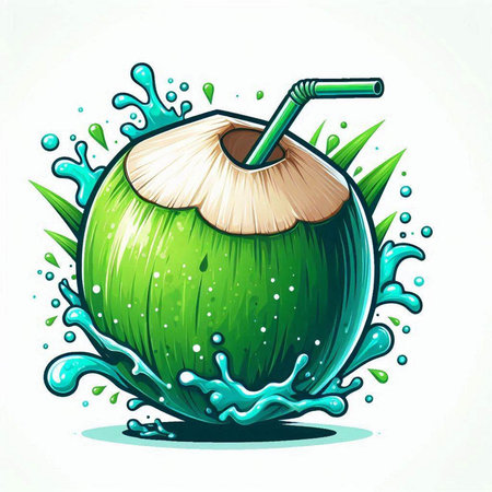 Coconut juice with splashes and straw. Vector illustration.のイラスト素材