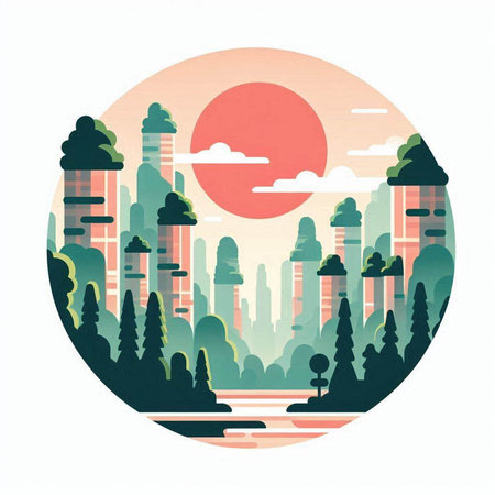 City landscape with trees and sun in a circle. Vector illustration.のイラスト素材