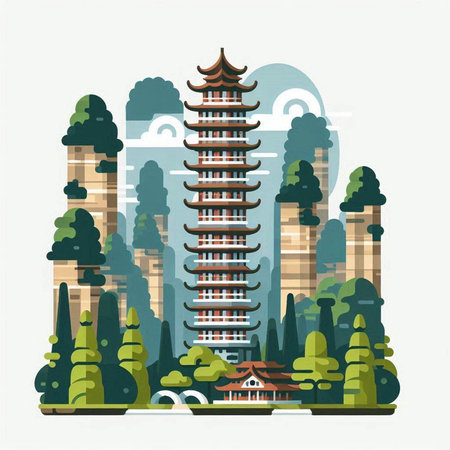 Chinese pagoda in the city. Vector illustration in flat style.のイラスト素材