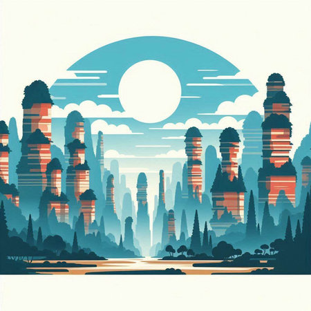 Landscape with sun, pagodas and mountains. Vector illustration.のイラスト素材