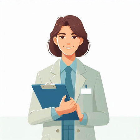 Female doctor in white coat with clipboard. Vector illustration in cartoon style.のイラスト素材