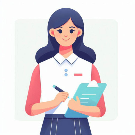 Young woman writing on clipboard. Vector illustration in a flat style.のイラスト素材