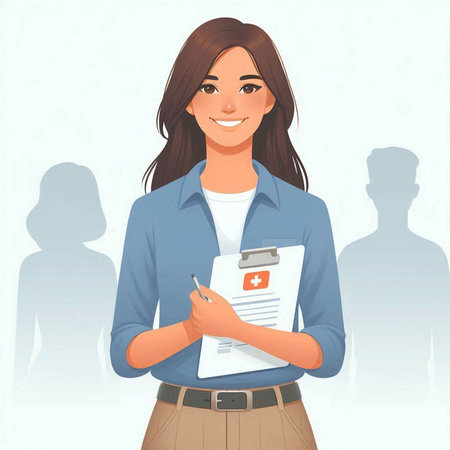 Young business woman with clipboard and pen in hands. Vector illustration.のイラスト素材
