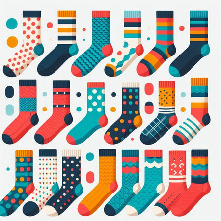 Set of multicolored socks with different patterns. Vector illustration.のイラスト素材