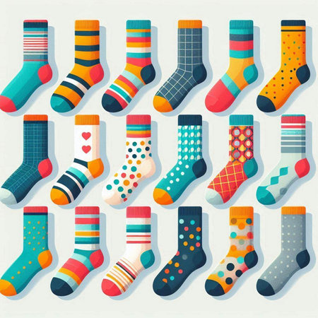 Set of colorful socks with different patterns. Vector illustration in flat style.のイラスト素材