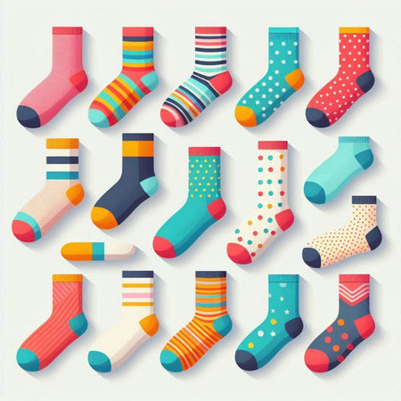 set of colorful socks with different patterns on a white background, vector illustrationのイラスト素材