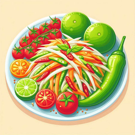 Papaya salad with vegetables and herbs on a plate. Vector illustration.のイラスト素材