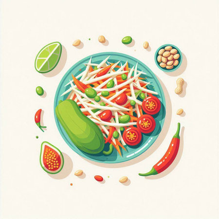 Spicy papaya salad. Vector illustration of papaya salad.のイラスト素材