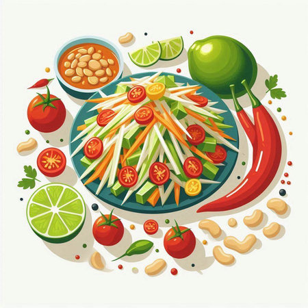 Papaya salad on white background. Vector illustration of papaya salad.のイラスト素材