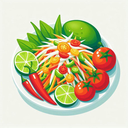 Thai spicy papaya salad with lime and tomato. Vector illustration.のイラスト素材