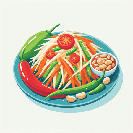 Spicy papaya salad with chili pepper, tomato and green beans. Vector illustration of papaya saladのイラスト素材