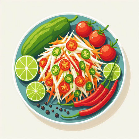 Spicy papaya salad with lime and pepper. Vector illustration.のイラスト素材