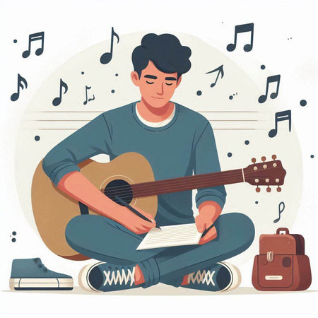 Handsome young man sitting on the floor and playing guitar. Vector illustration.のイラスト素材