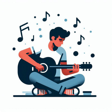 Young man playing guitar on a white background. Vector illustration in flat style.のイラスト素材