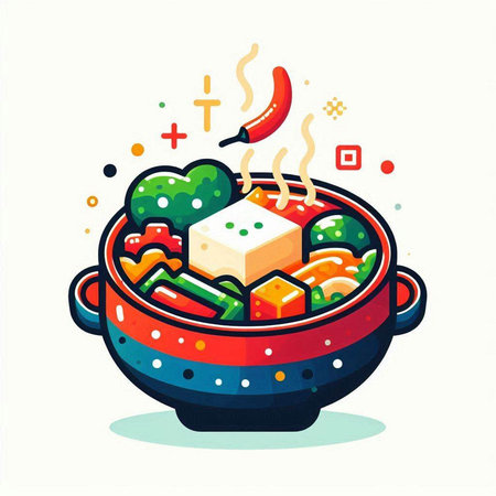 Colorful vector illustration of a traditional Chinese soup in a pot.のイラスト素材