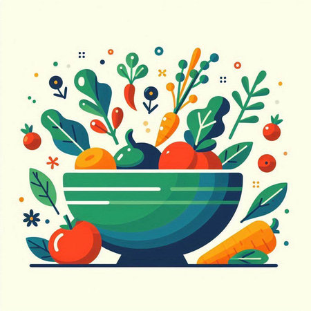 Vegetables in a bowl. Vector illustration in flat style.のイラスト素材