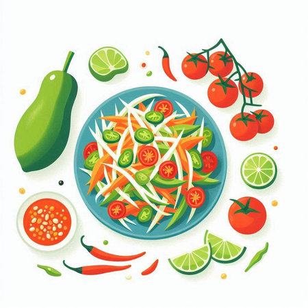 Salad with cucumber, tomato, pepper and lime. Vector illustration.のイラスト素材
