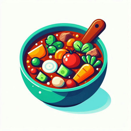 Vegetable soup in a bowl with a spoon. Vector illustration.のイラスト素材