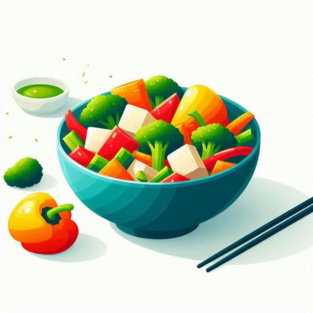 Vegetable salad in a blue bowl with chopsticks. Vector illustration.のイラスト素材