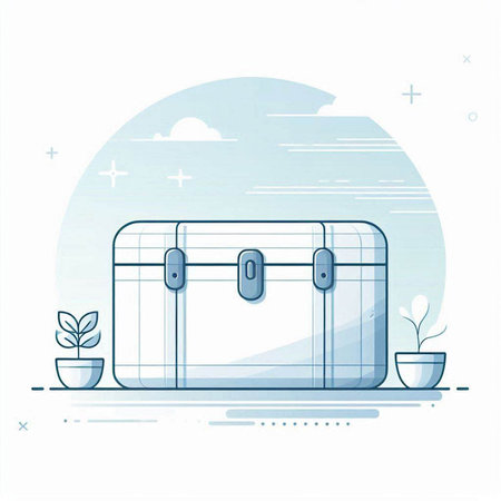Vector illustration of a blue suitcase on the background of the sky.のイラスト素材