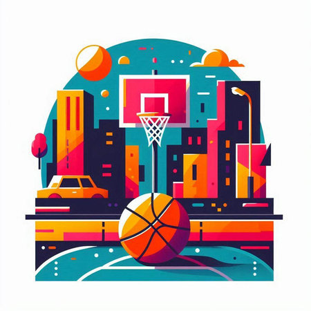 Basketball ball on the background of the city. Vector illustration.のイラスト素材