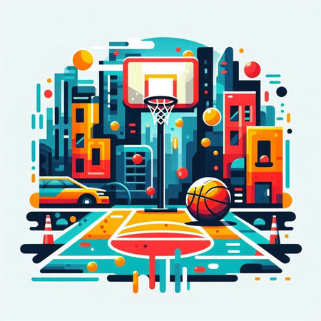 Basketball and basketball court on the street. Modern vector illustration.のイラスト素材