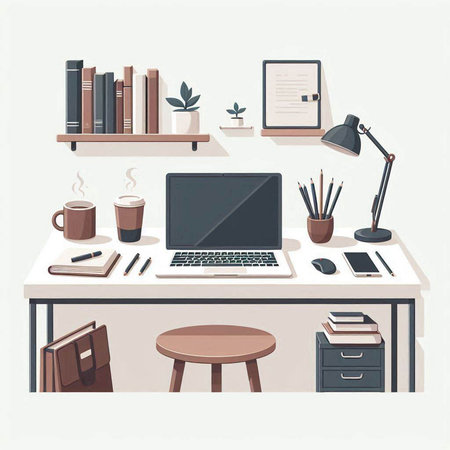 Modern workspace with computer, books, stationery and coffee cup. Vector illustrationのイラスト素材