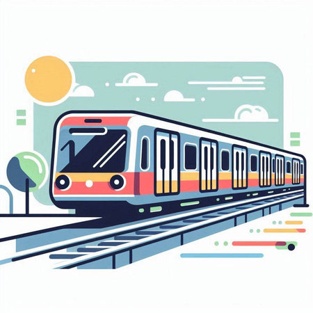 Modern train on the background of the urban landscape. Vector illustration.のイラスト素材