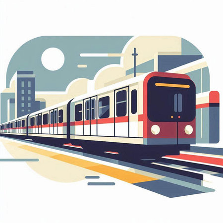 Train on the background of the city. Vector illustration in retro styleのイラスト素材