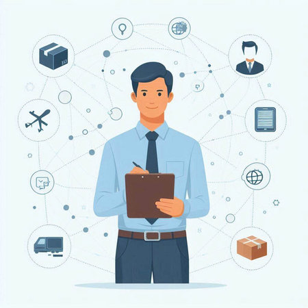 Businessman with clipboard and icons. Vector illustration in flat style.のイラスト素材