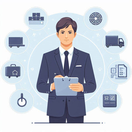 Vector illustration of a man in a business suit holding a tablet.のイラスト素材